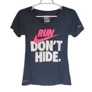 Nike Dri-Fit V-neck Run Dont Hide Short Sleeve Athletic Cut Graphic Tee Black XS